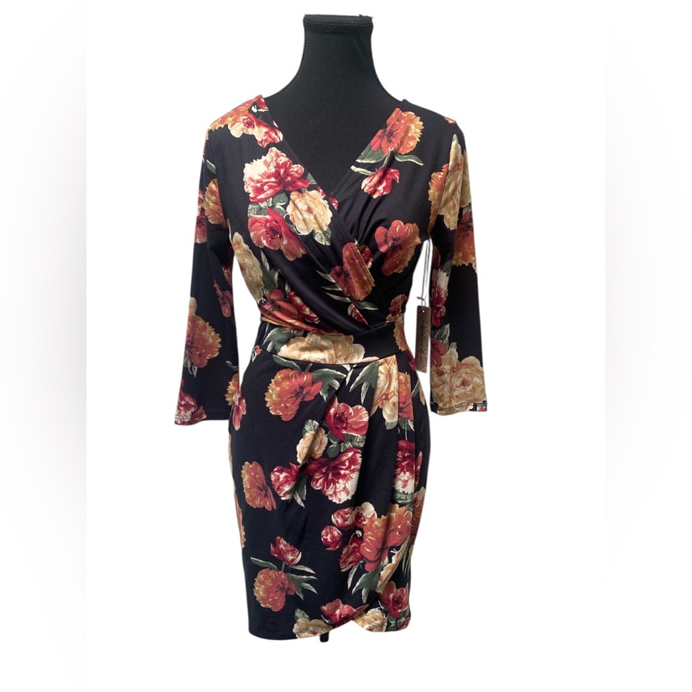 Iris Black and Red Floral Long Sleeve Dress NWT M